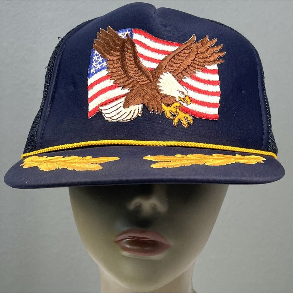 VTG NISSIN Navy American Flag Eagle Leaf Embroidery Snapback Mesh TRUCKER CAP